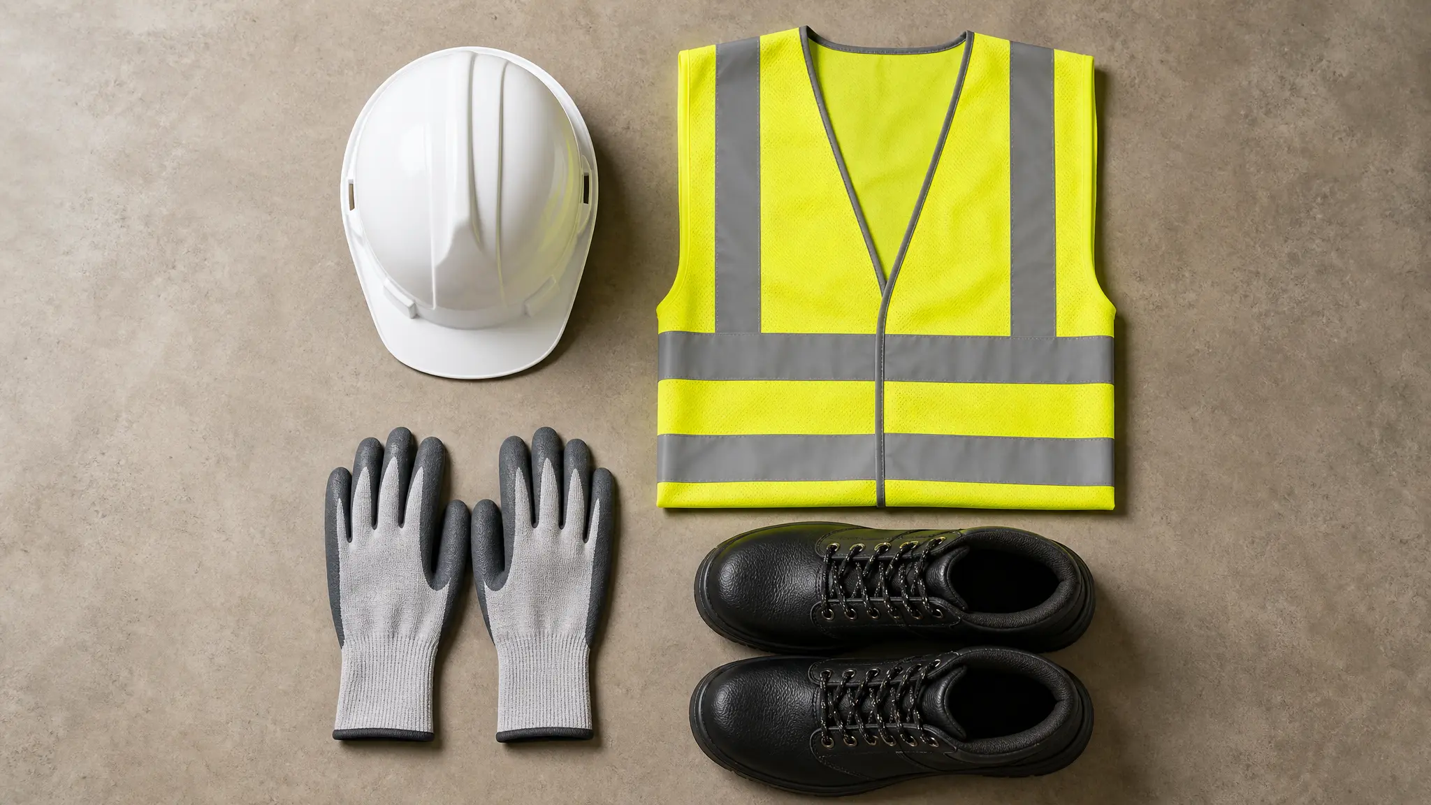 Personal protective equipment including helmet, gloves, and safety vest