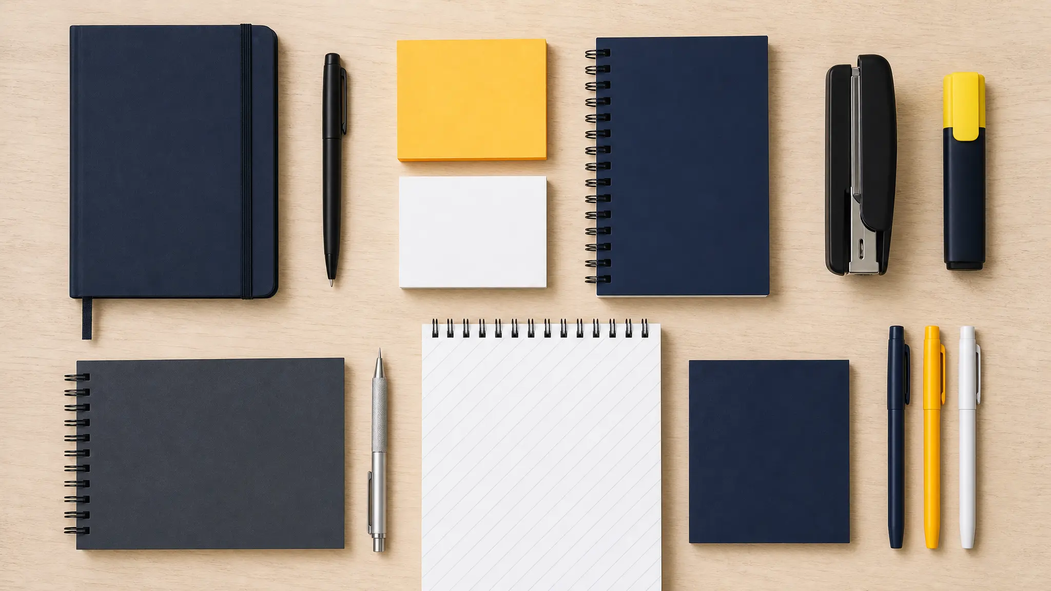 Office stationery flatlay including notebooks and pens